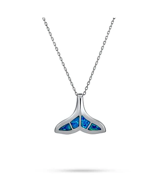 Bling Jewelry Nautical Blue Inlay Created Opal Fish Fin Whale Tail Pendant Necklace For Women .925 Sterling Silver