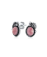 Bling Jewelry Native American Style Natural Pink Rhodochrosite Oval Bezel Leaf Rope Edged Stud Earrings Western Jewelry For Women Oxidized .925 Sterli