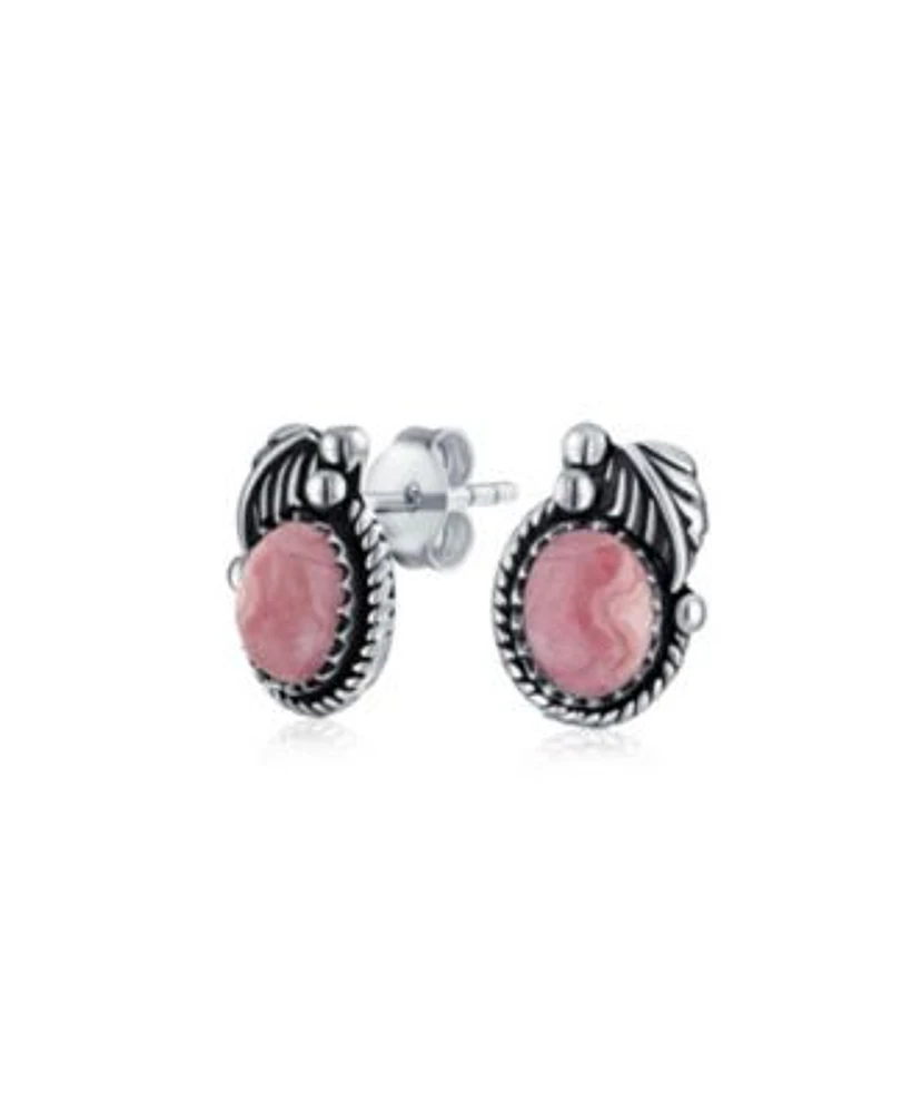 Bling Jewelry Native American Style Stabilized Oval Bezel Leaf Rope Edged Stud Earrings Western Jewelry Oxidized .925 Sterling Silver