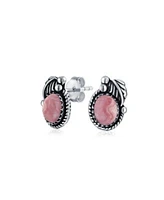Bling Jewelry Native American Style Stabilized Oval Bezel Leaf Rope Edged Stud Earrings Western Jewelry Oxidized .925 Sterling Silver