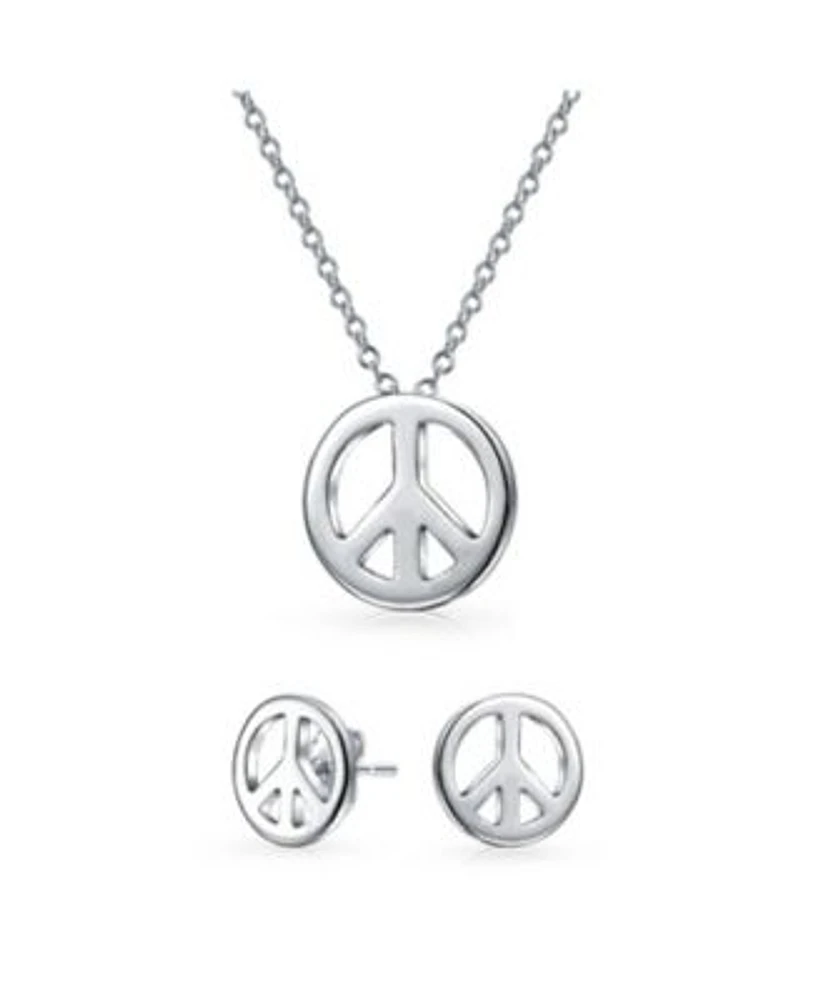 Bling Jewelry Tiny Minimalist Simple World Peace Sign Pendant Necklace Stud Earrings Jewelry Set For Women .925 Sterling Silver