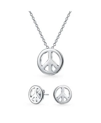 Bling Jewelry Tiny Minimalist Simple World Peace Sign Pendant Necklace Stud Earrings Jewelry Set For Women .925 Sterling Silver