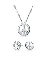Bling Jewelry Tiny Minimalist Simple World Peace Sign Pendant Necklace Stud Earrings Jewelry Set For Women .925 Sterling Silver