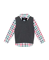 Andy & Evan Little Boys Toddler/Child White Plaid Buttondown w/Charcoal Sweater Vest Bowtie