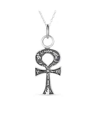 Bling Jewelry Unisex Religious Egyptian Hieroglyphs Key To Life Egyptian Ankh Cross Pendant Necklace For Women Oxidized .925 Sterling Silver