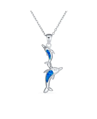 Bling Jewelry Created Blue Opal Inlay Nautical Ocean Marine Hawaiian Vacation Sea Life Mother Child Mom & Baby Dolphins Dangle Pendant Necklace For Wo