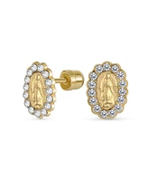 Bling Jewelry Small Cubic Zirconia Cz Halo Holy Mother Religious Medallion Style Yellow 14K Gold Oval Virgin Mary Stud Earrings