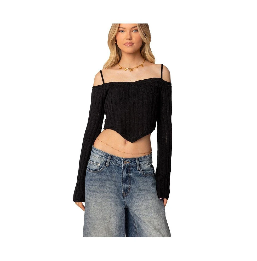 Edikted Women's Triangle Hem Off Shoulder Sweater