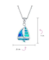 Bling Jewelry Nautical Boat Summer Caribbean Vacation Ship Sailor Created Blue Opal Sailboat Necklace Pendant For Women .925 Sterling Silver Medium