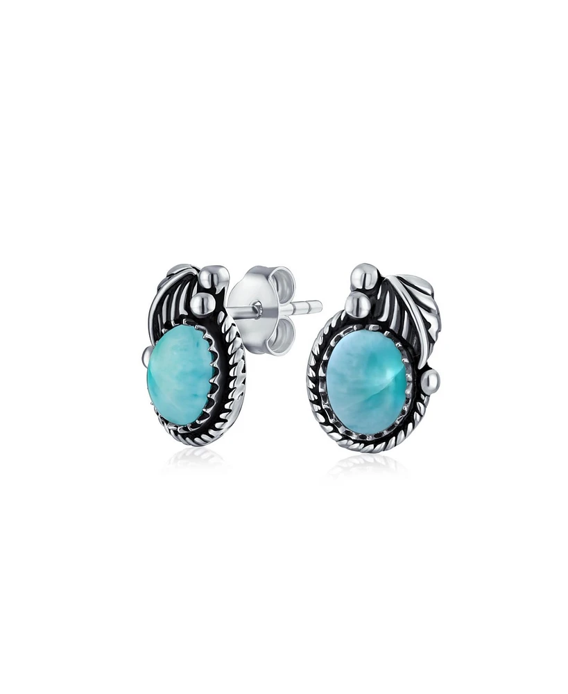 Bling Jewelry Native American Style Natural Blue Larimar Oval Bezel Leaf Rope Edged Stud Earrings Western Jewelry For Women Oxidized .925 Sterling Sil