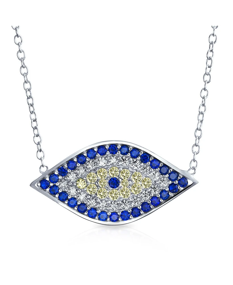 Bling Jewelry Turkish Blue Yellow Pave Cz Spiritual Protection Amulet Evil Eye Pendant Station Necklace For Women .925 Sterling Silver