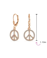 Bling Jewelry Message World Peace Sign Symbol Cubic Zirconia Pave Cz Lever back Drop Dangle Earrings For Women Rose Gold Plated .925 Sterling Silver