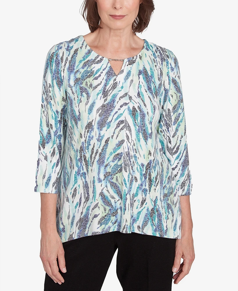 Alfred Dunner Women's French Quarter Teal Animal Print Split Neck Top