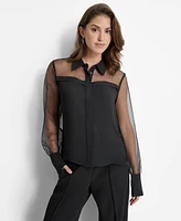 Dkny Petite Collared Mixed-Media Illusion Blouse