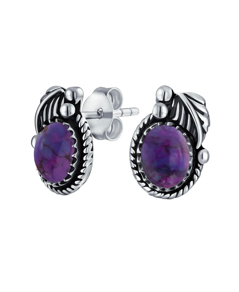 Bling Jewelry Native American Style Natural Purple Turquoise Oval Bezel Leaf Rope Edged Stud Earrings Western Jewelry For Women Oxidized .925 Sterling