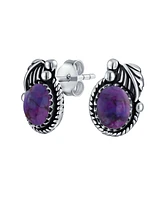 Bling Jewelry Native American Style Natural Purple Turquoise Oval Bezel Leaf Rope Edged Stud Earrings Western Jewelry For Women Oxidized .925 Sterling