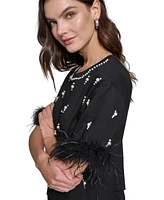 Karl Lagerfeld Paris Women's Faux-Pearl Feather-Trim Top