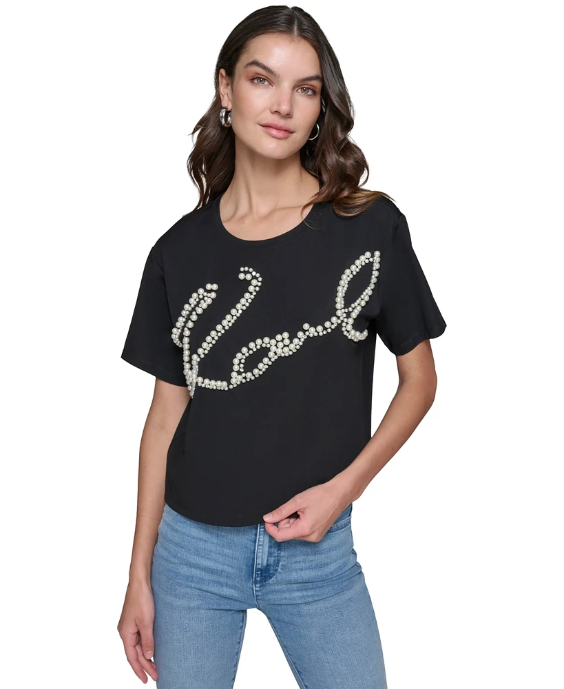 Karl Lagerfeld Paris Women's Faux-Pearl Logo T-Shirt