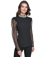 Karl Lagerfeld Paris Women's Embellished Mesh-Sleeve Top