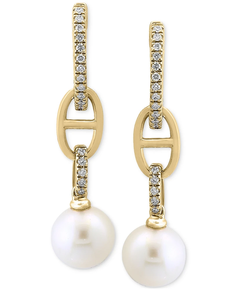 Effy Cultured Freshwater Pearl (7mm) & Diamond (1/8 ct. t.w.) Mariner Link Drop Earrings in 14k Gold