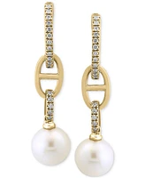 Effy Cultured Freshwater Pearl (7mm) & Diamond (1/8 ct. t.w.) Mariner Link Drop Earrings in 14k Gold