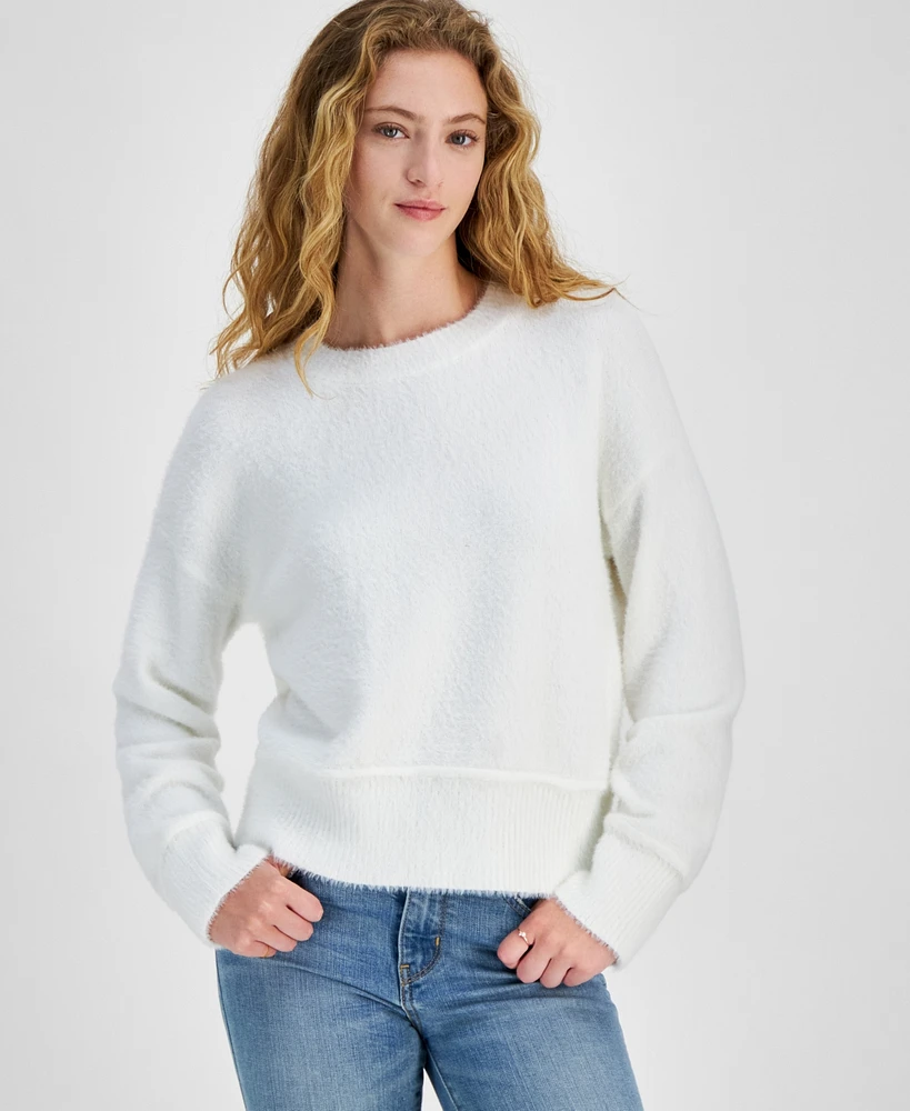 Hippie Rose Juniors' Cozy Drop-Shoulder Eyelash Crewneck Sweater