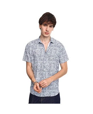 Campus Sutra Men's Cream White & Indigo Blue Contrast Hazy Shirt