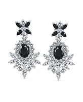 Bling Jewelry Black Cubic Zirconia Statement Dangle Formal Art Deco Style Chandelier Clip On Earrings Prom Silver Plated