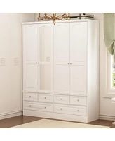 Famapy White Wood Wardrobe Armoires Mirror, Drawers, Adjustable Shelves