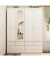 Famapy White Wood Wardrobe Armoires Mirror, Drawers, Adjustable Shelves