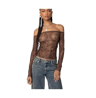 Edikted Women's Leopard Sheer Mesh Off Shoulder Top