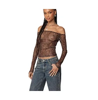 Edikted Women's Leopard Sheer Mesh Off Shoulder Top