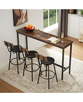 Long Bar Table Set with 3 Pu Leather Upholstered Bar Stools for Modern Home or Kitchen
