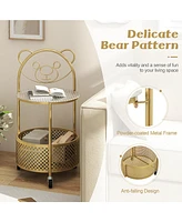 Gymax 2-Tier Mobile Glass Coffee Table w/ Bear Pattern Storage Basket Transparent & Golden