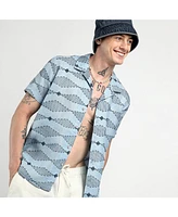 Men's Icy Blue Embroidered Geometric-Lined Shirt