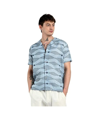 Men's Icy Blue Embroidered Geometric-Lined Shirt