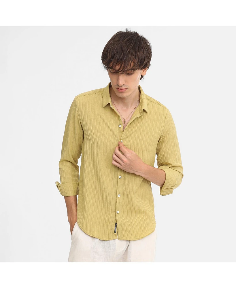 Campus Sutra Men's Naples Yellow Self-Design Striped Shirt