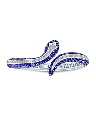 Bling Jewelry Egyptian Fashion Statement Snake Serpent Hinge Cuff Bangle Bracelet For Women White Blue Cubic Zirconia Pave Cz Rhodium Plated