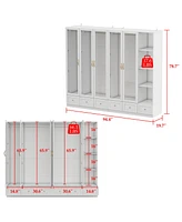 Famapy White Wood Glass Doors Armoires Wardrobe with Drawers, Open Shelves