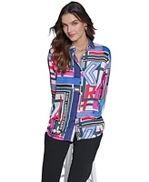 Karl Lagerfeld Paris Women's Oversized Printed Satin Button-Front Top