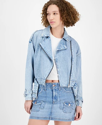 Planet Heart Juniors' Belted Moto Denim Jacket