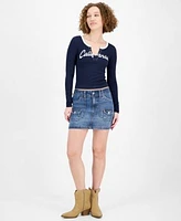 Planet Heart Juniors Seamless Graphic Long Sleeve Celebrity Pink Juniors Denim Mini Cargo Skirt