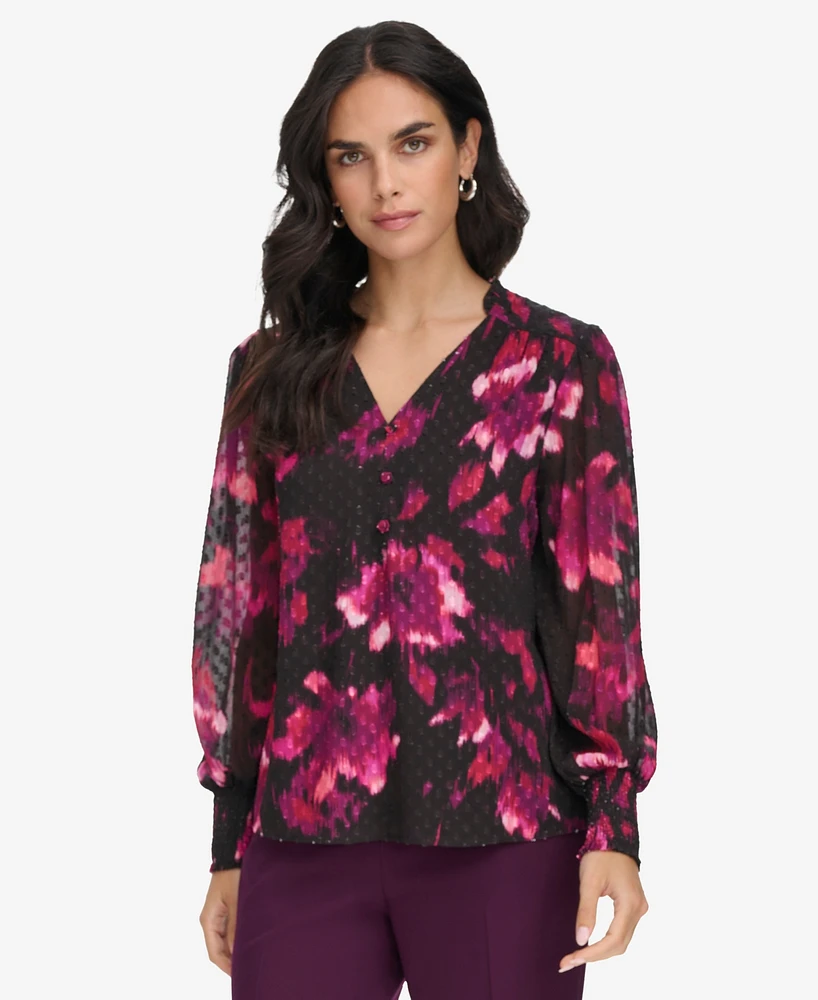 Calvin Klein Women's Printed V-Neck Long-Sleeve Blouse