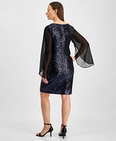 Connected Petite Sequinned Sheer-Sleeve Sheath Dress