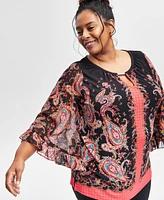 Jm Collection Plus PrintED Wide-Sleeve Top, Exclusively at Macy's