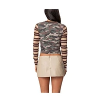 Edikted Women's Camo & Stripe Long Sleeve T Shirt