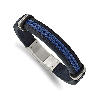 Chisel Stainless Steel Cz Blue Leather Bracelet