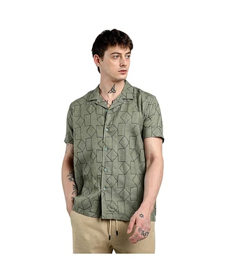 Men's Olive Green Embroidered Geometric-Lined Shirt