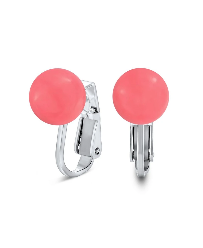 Bling Jewelry Natural Pink Agate Peach Round Ball Stud Clip On Earrings For Women Non Piercing .925 Sterling Silver