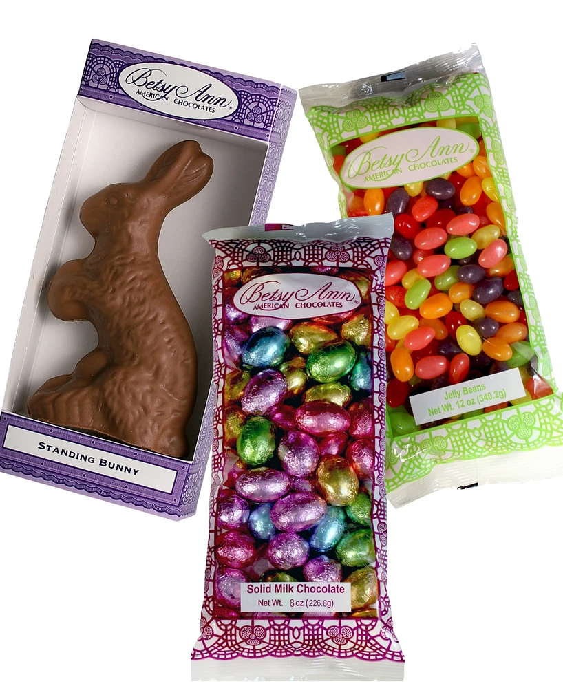 Betsy Ann Chocolates Easter Jelly Beans, Milk Chocolate Foil Eggs Standing Bunny Bundle, 3 Piece Set